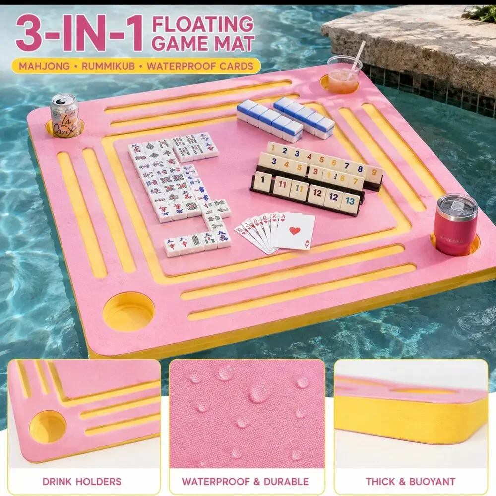 3-in-1 Floating Game Mat Mahjong Rummikub Card Table Pool Pink Yellow 34”
